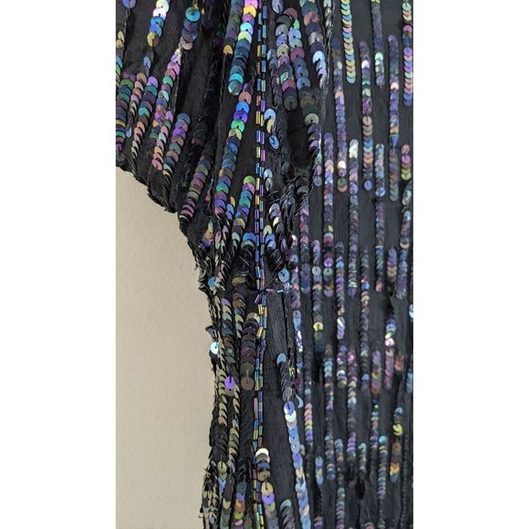 Oilslick rainbow Sequined Beaded long Silk Black Goddess Cardigan Jacket Vintage - Picture 16 of 16